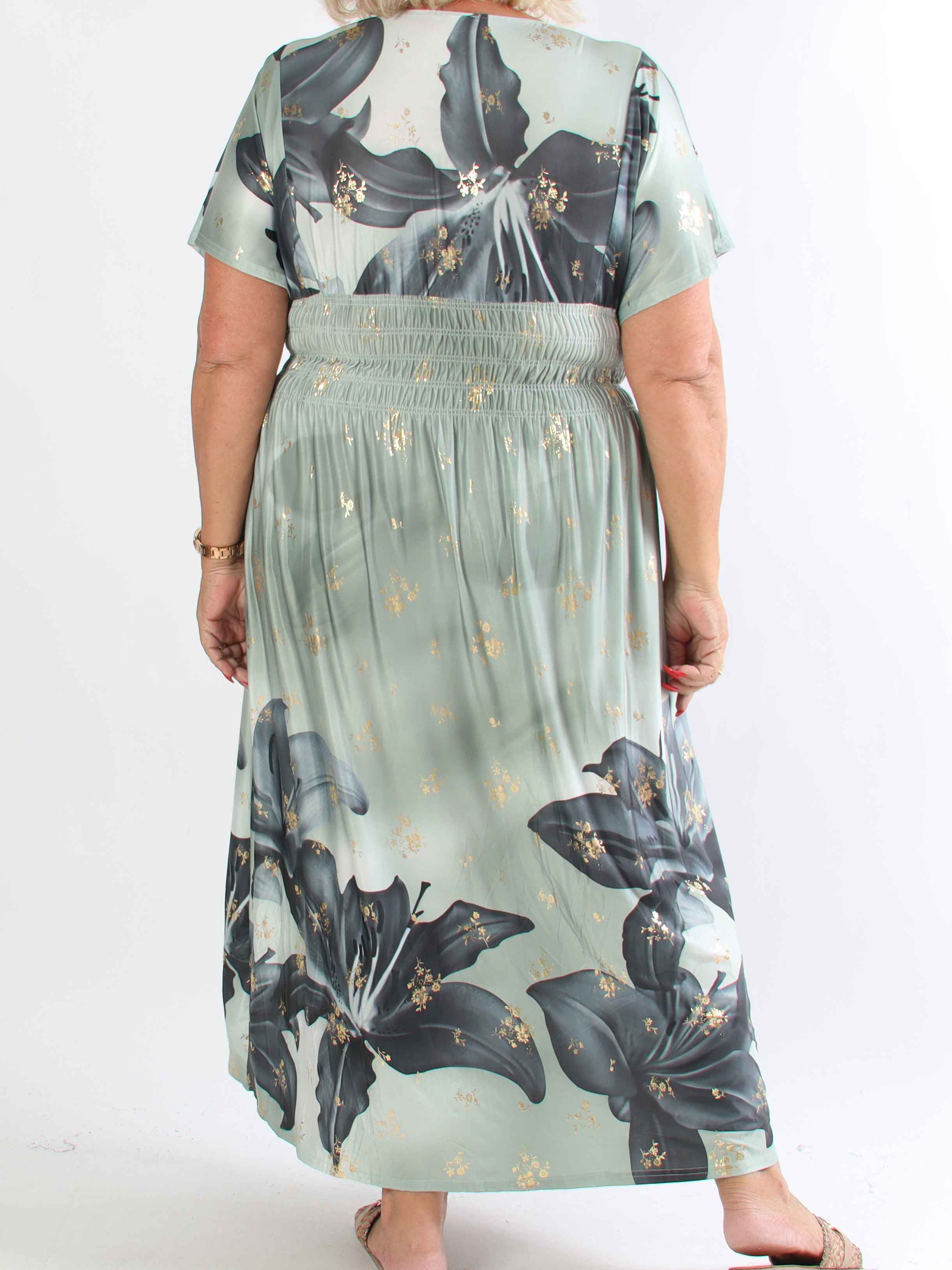 Pams Big Lily - Elastisk plus size klänning med stora liljor och gulddetaljer